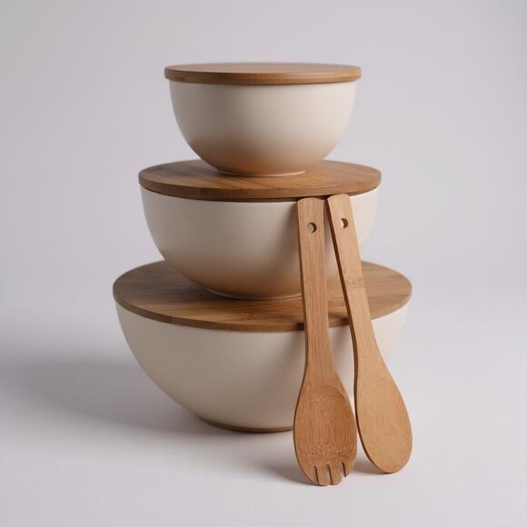 Bamboo Serving Bowl Set with Cutting Board Lids - TWO SETS - Picture 3 of 6